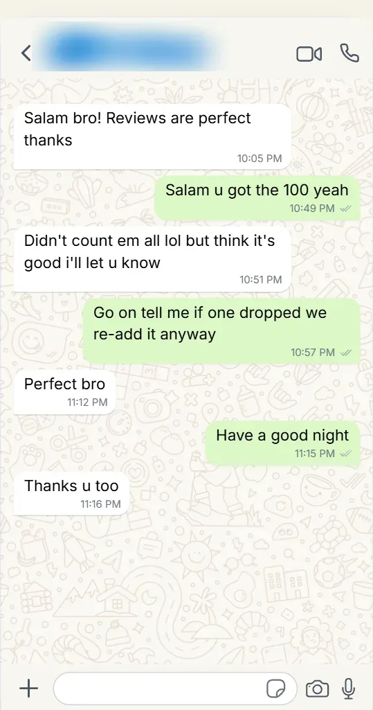 Screenshot of a customer satisfied with the service